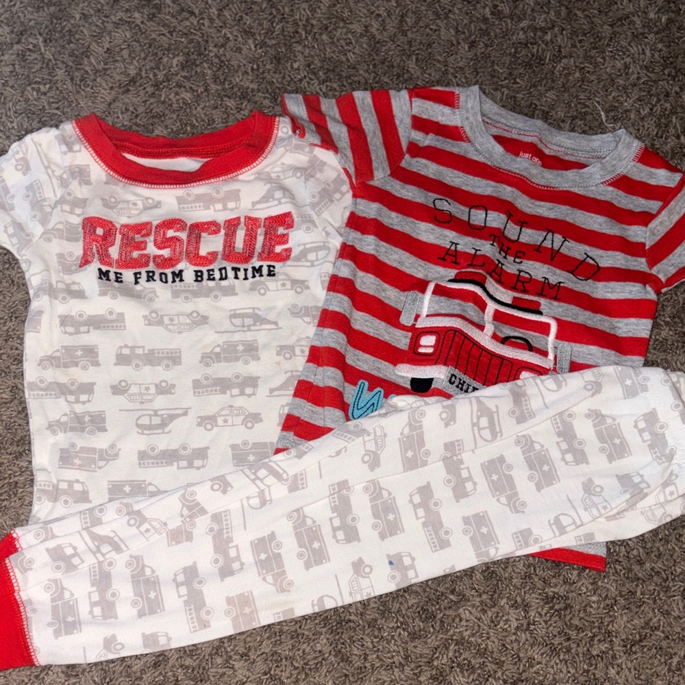 Carters Just One You Red & White Rescue Firetruck Kids Pajama Set 2T